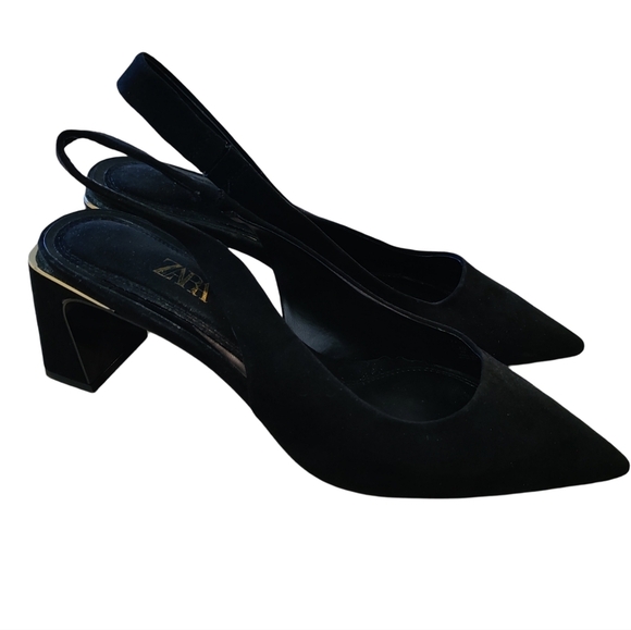 Zara Black Wide-Heeled Sling Back Women's Size 8.5 - Picture 1 of 6